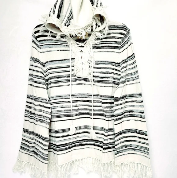 Chaser Linen Blend Fringe Trim Hooded Sweater sz Large - Picture 4 of 7